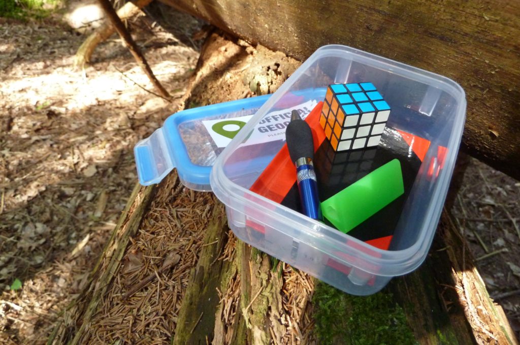 Tupperware box filled with small trinkets sitting open on log in woodland